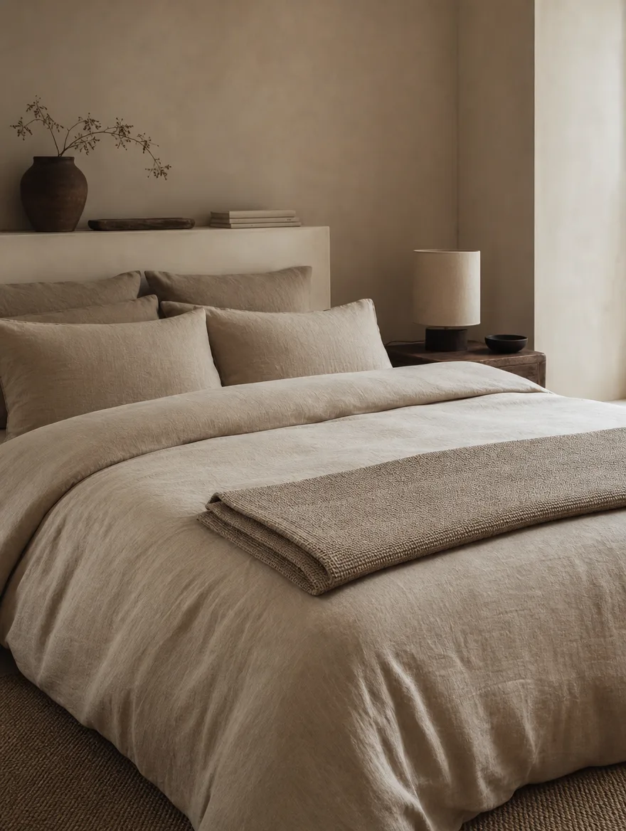 Opgemaakt bed met lagen in dezelfde tint, linnen overtrek en een grof geweven plaid