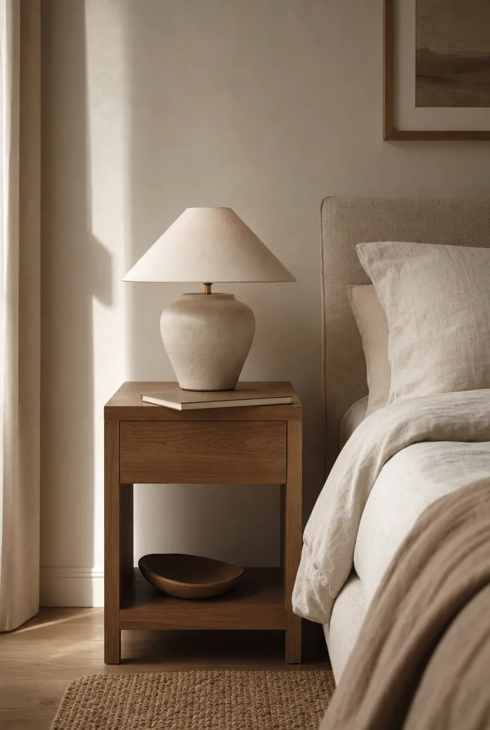 Nachtkastje naast een bed met linnen beddengoed en een keramische lamp