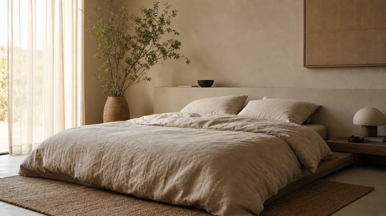 Japandi bed met een licht gekreukt gewassen linnen dekbedovertrek in zandtinten