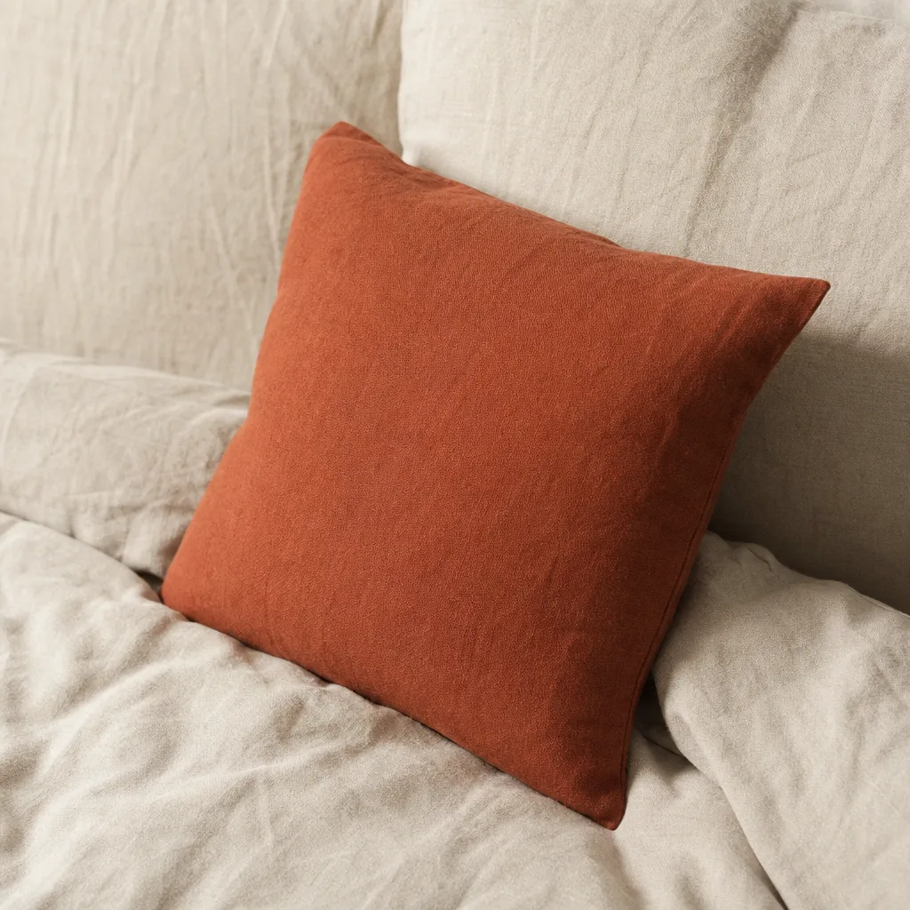 Detail van een terracotta sierkussen als enig accent op neutraal linnen beddengoed