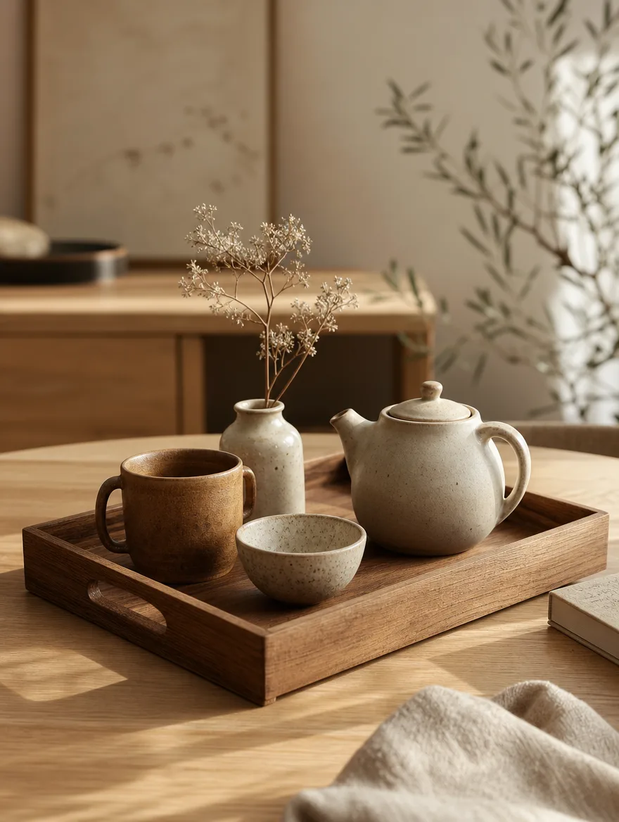 Houten dienblad met keramiek op een rustige Japandi tafel