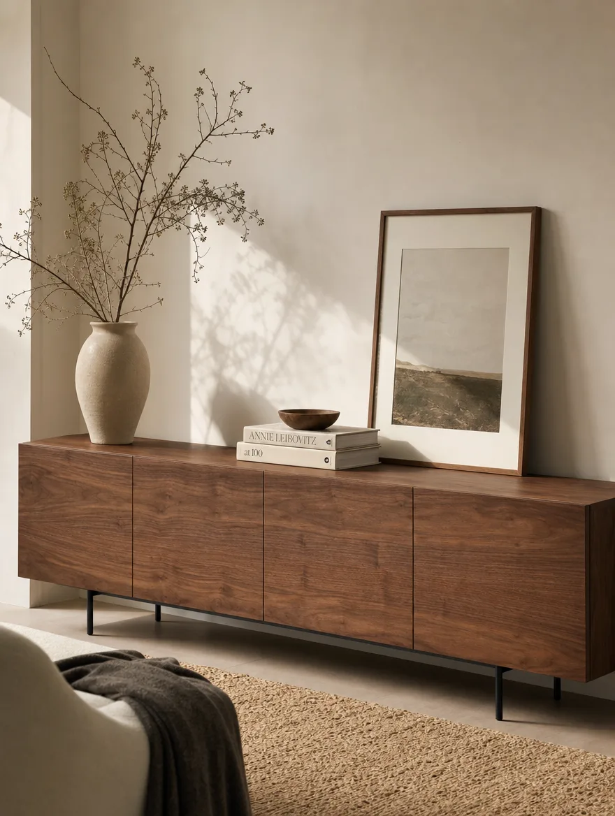 Walnoot dressoir met strak greeploos front en dunne stalen poten