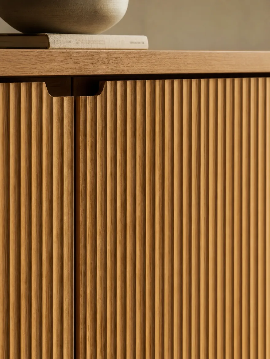 Detail van een fijn geribbeld houten front van een Japandi dressoir