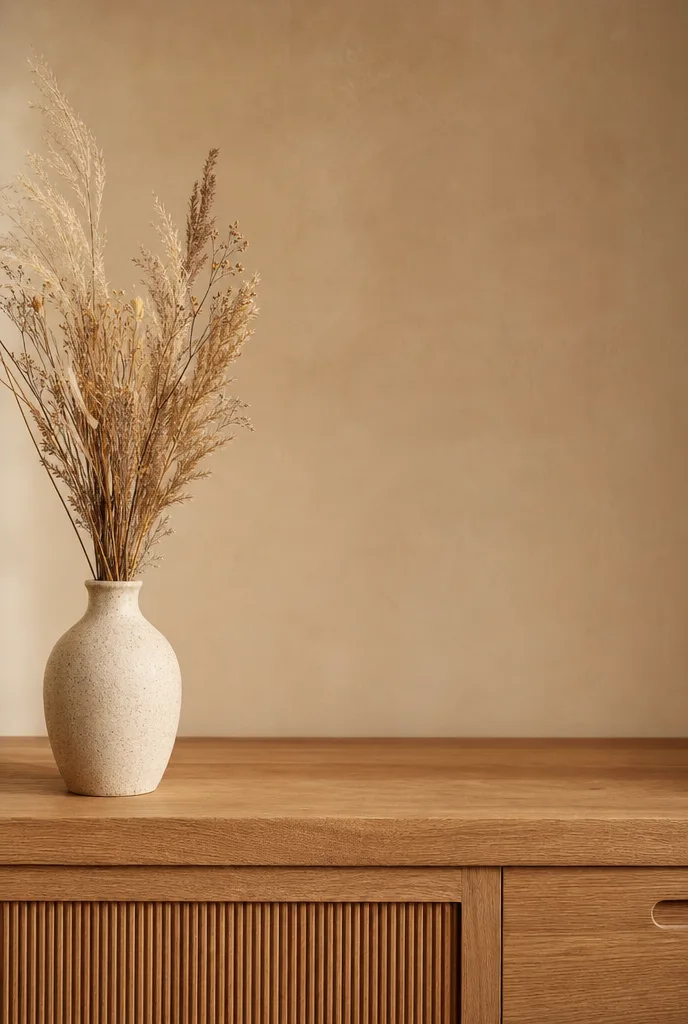 Keramieken vaas met gedroogde grassen op een leeg houten dressoirblad