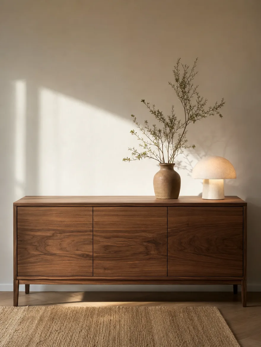 Walnoot dressoir met een vaas en een lage lamp in zacht ochtendlicht
