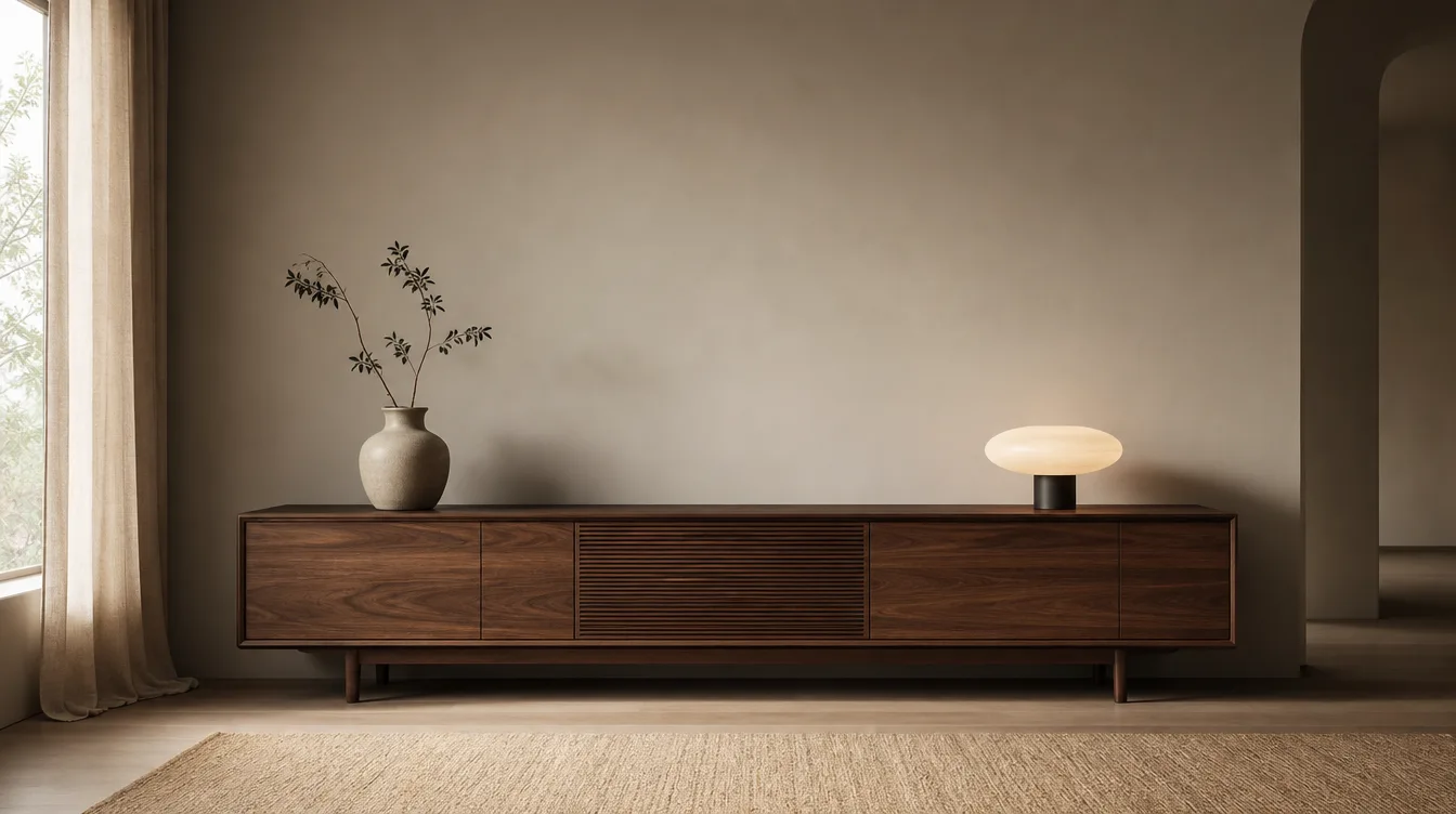 Laag walnoot Japandi dressoir tegen een beige muur met een keramieken vaas op het blad