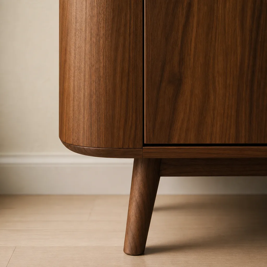 Detail van een afgeronde houten hoek en taps toelopende poot van een dressoir