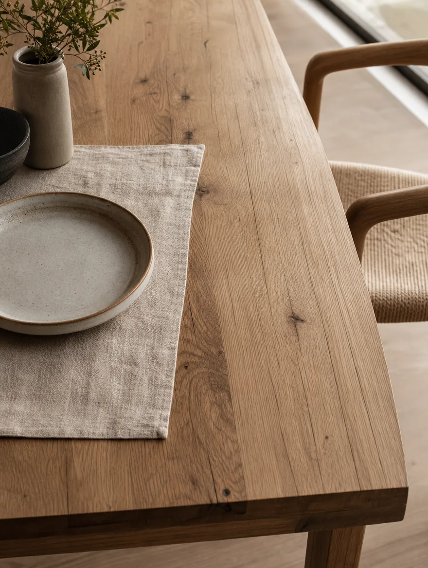 Detail van een massief eiken eettafelblad met zichtbare nerf en een linnen placemat