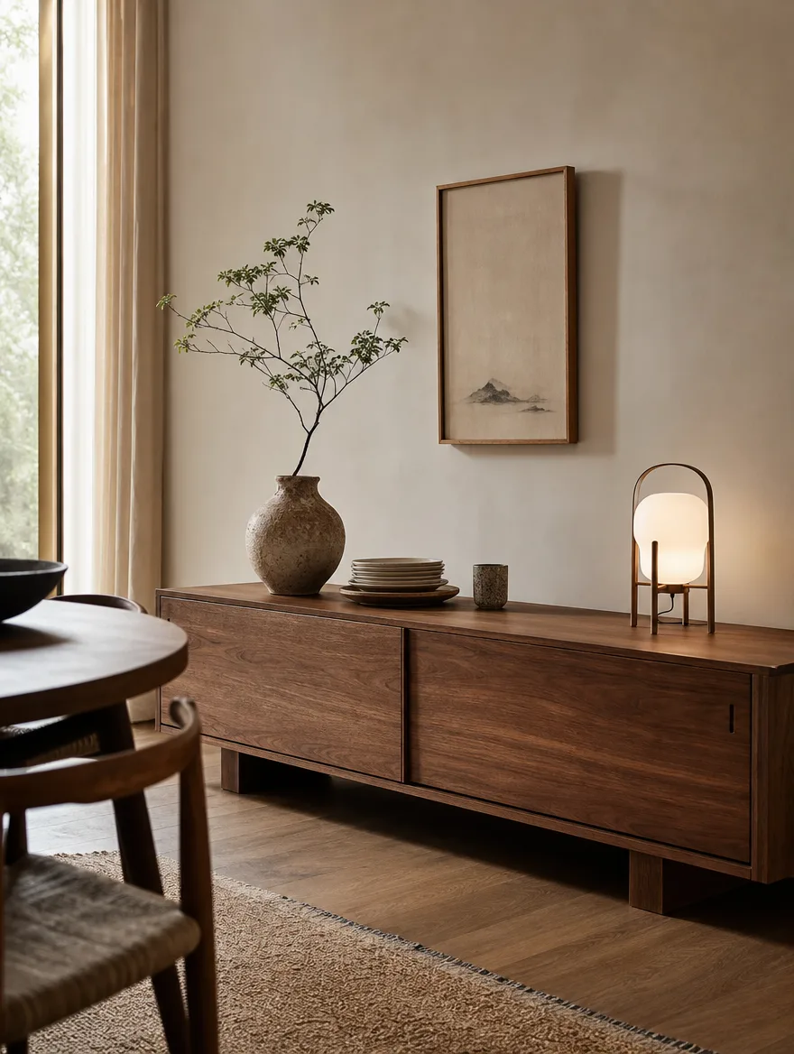 Japandi dressoir langs de wand met servies en een vaas met een tak
