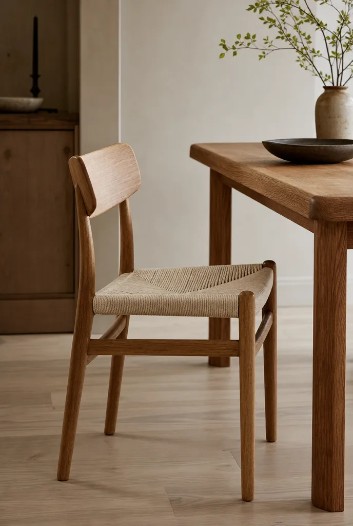 Houten eetkamerstoel met gevlochten zitting bij een eettafel