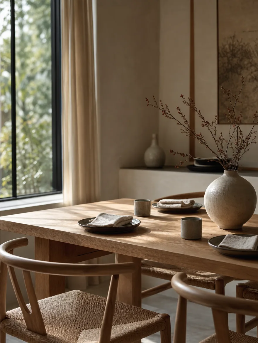Rustige Japandi eethoek bij een raam met zacht daglicht over de tafel