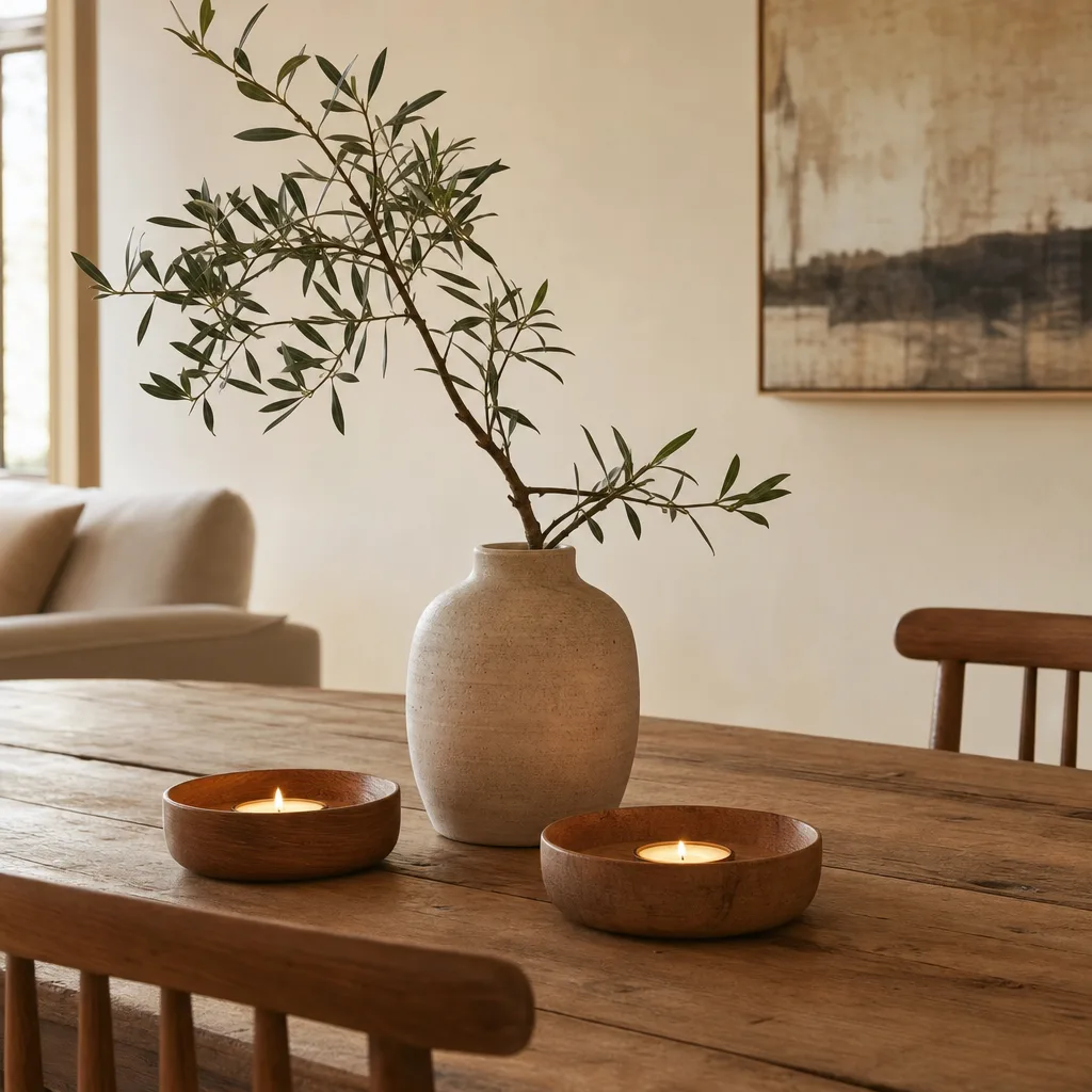 Stilleven met een keramische vaas met tak en lage kaarsen op een houten eettafel