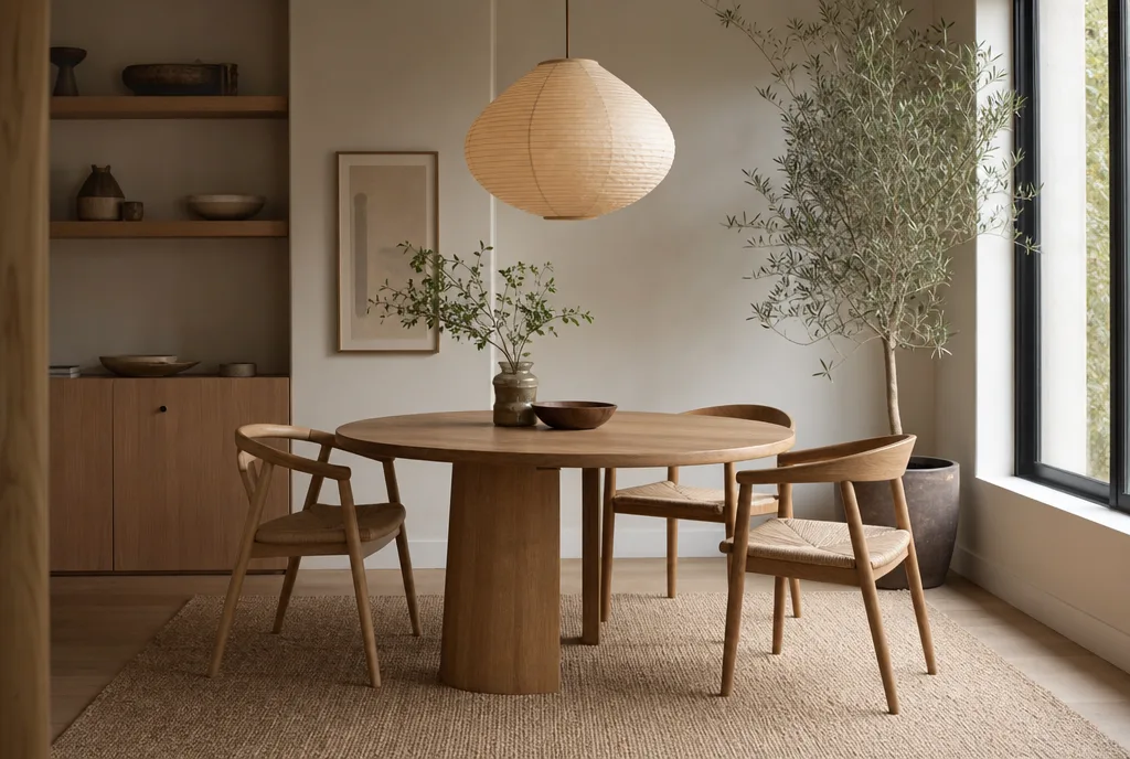 Japandi eethoek met ronde tafel, gemengde houten stoelen en een platgeweven vloerkleed