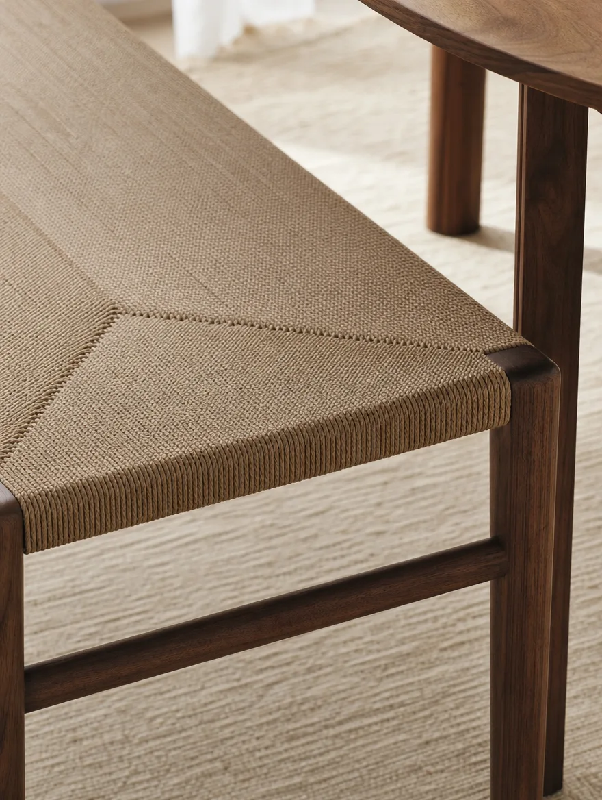 Detail van een walnoot eetkamerbank met handgevlochten papierkoord zitting
