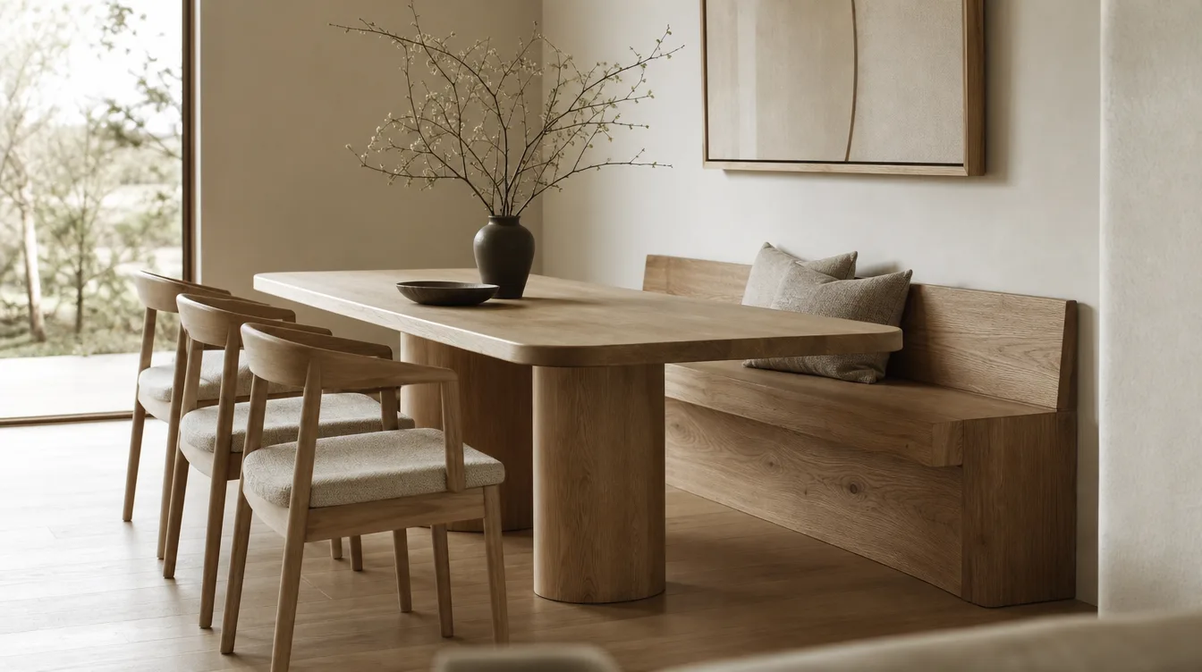 Japandi eethoek met een massief eiken eetkamerbank tegen de muur en losse stoelen