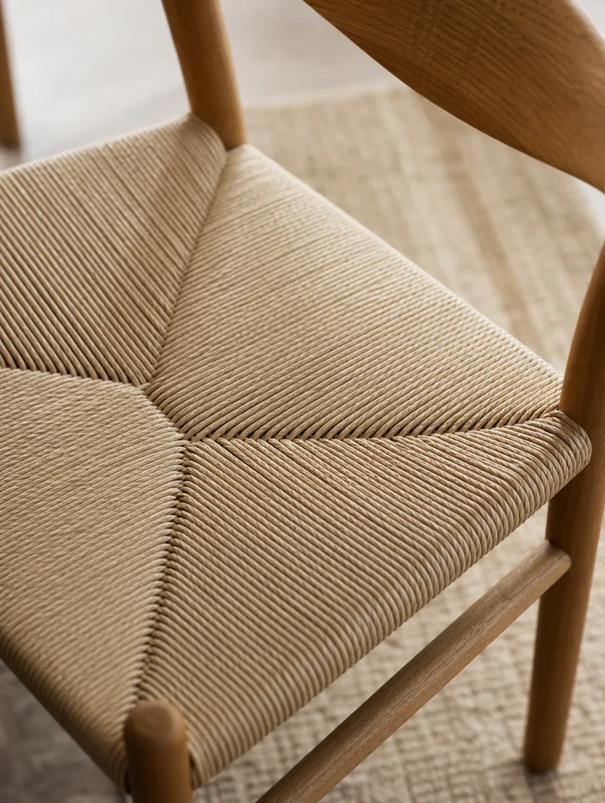 Detail van een gevlochten papiertouw zitting op een houten eetstoel