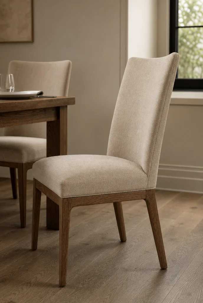Gestoffeerde beige eetstoel met houten poten naast een gedekte tafel