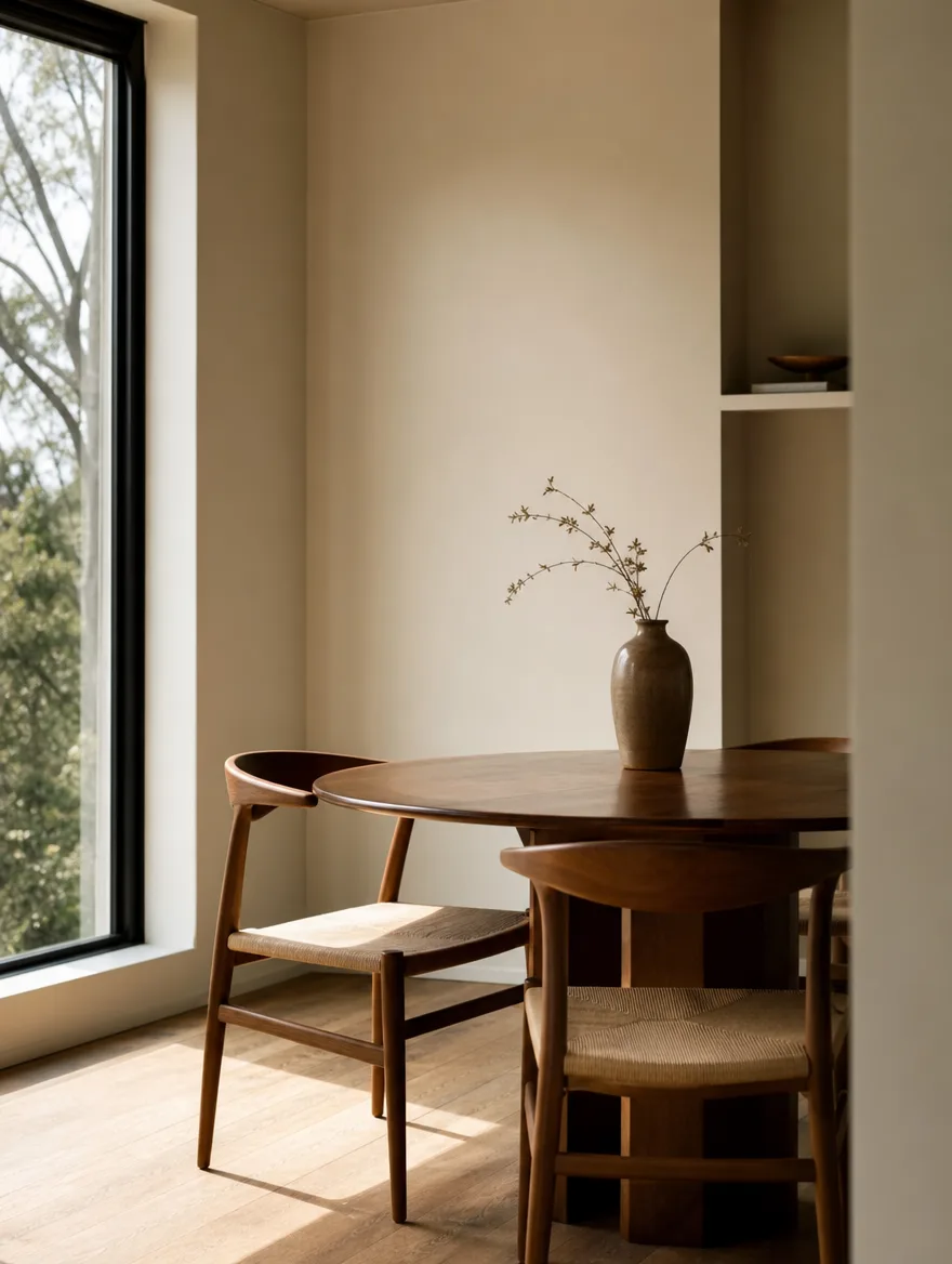 Rustige eethoek met houten stoelen en veel witruimte