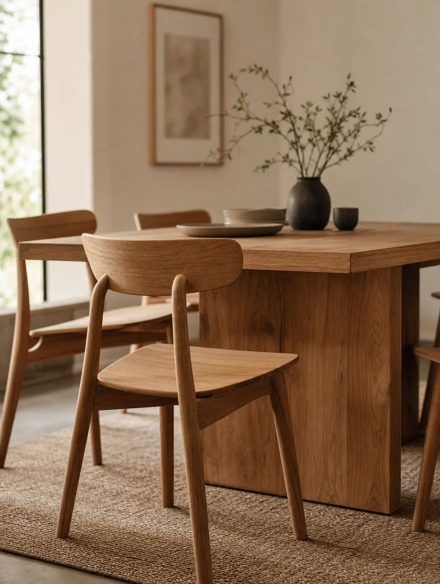 Matte houten eetstoel als rustig tegenbeeld voor glanzende velvet stoelen met stalen poten
