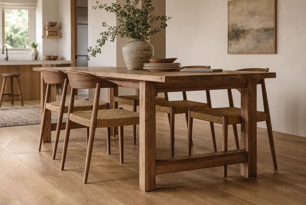 Eetkamerstoelen netjes aangeschoven onder een houten tafel met ruime beenruimte