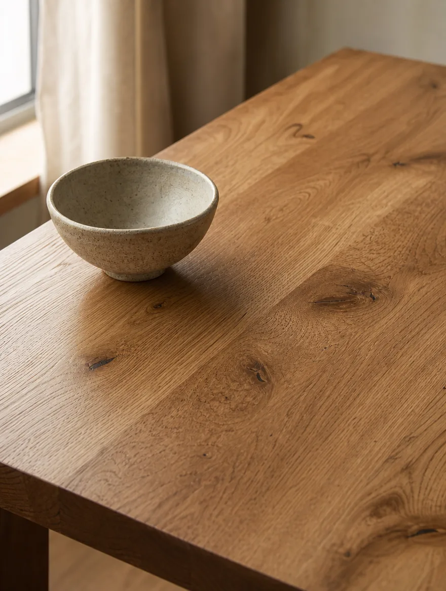 Detail van een geoliede eiken tafelblad met zichtbare nerf en een keramieken kom