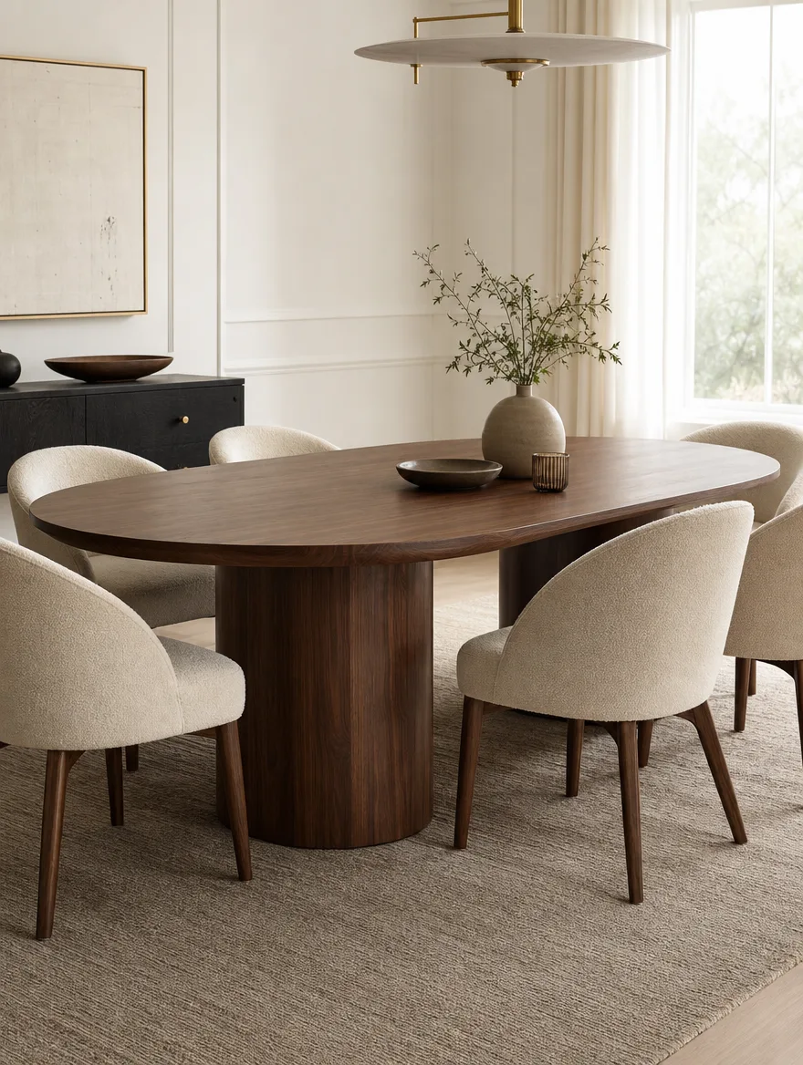 Ovale walnootkleurige eettafel met afgeronde hoeken in een lichte eetkamer