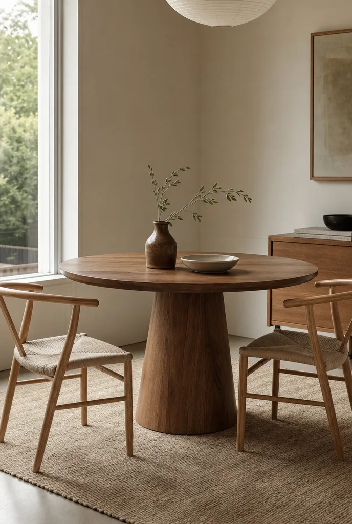Ronde mangohouten eettafel met houten kegelpoot bij een raam