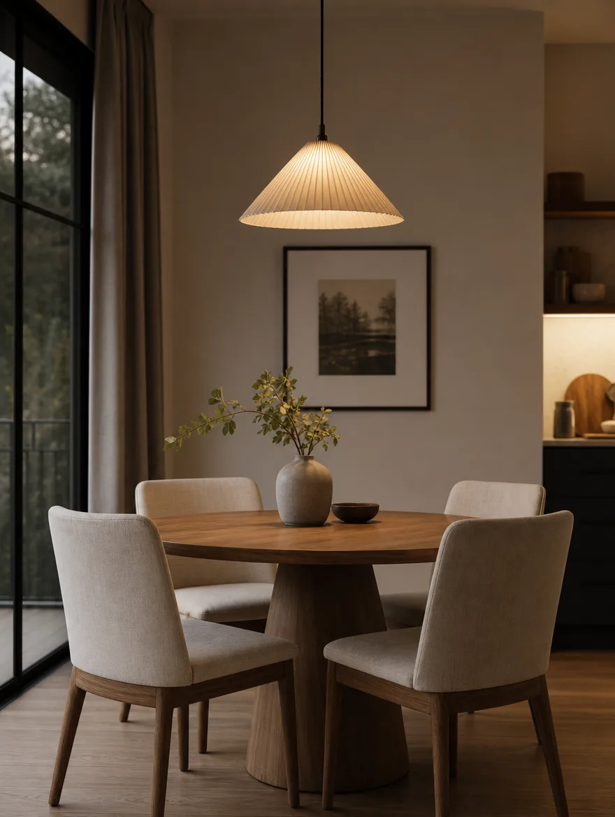 Rustige eethoek met houten tafel, linnen stoelen en een warme hanglamp