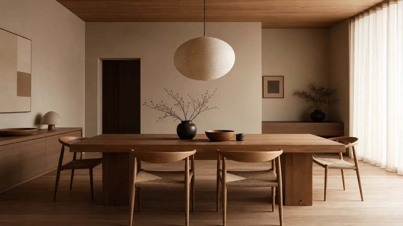 Japandi eetkamer met een lage massief eiken eettafel, houten stoelen en een papieren hanglamp in zandtinten