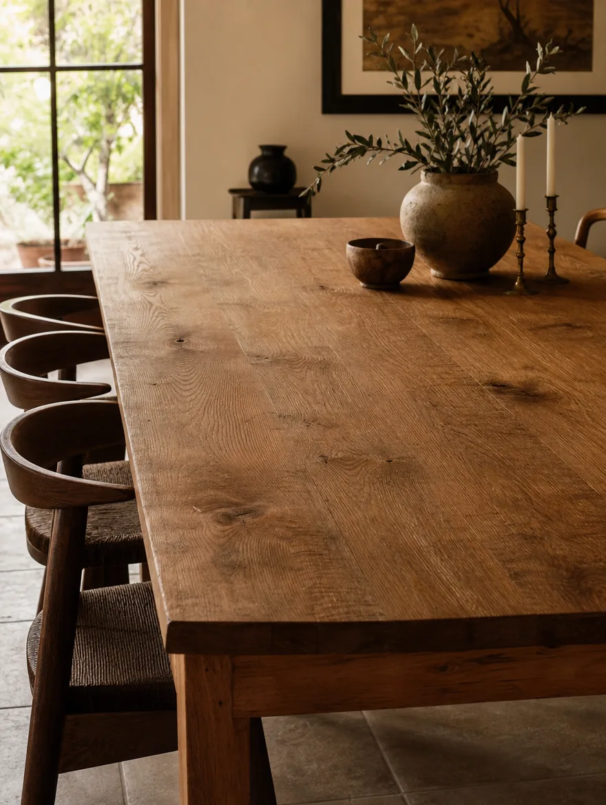 Warme massief houten eettafel met matte afwerking als tegenbeeld voor een koude glastafel
