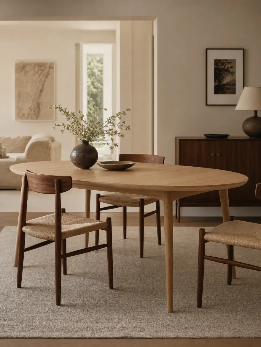 Ovale eiken eettafel met slanke schuine poten