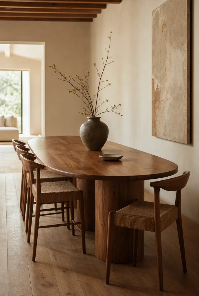 Smalle compositie van een lange ovale eettafel langs een wand