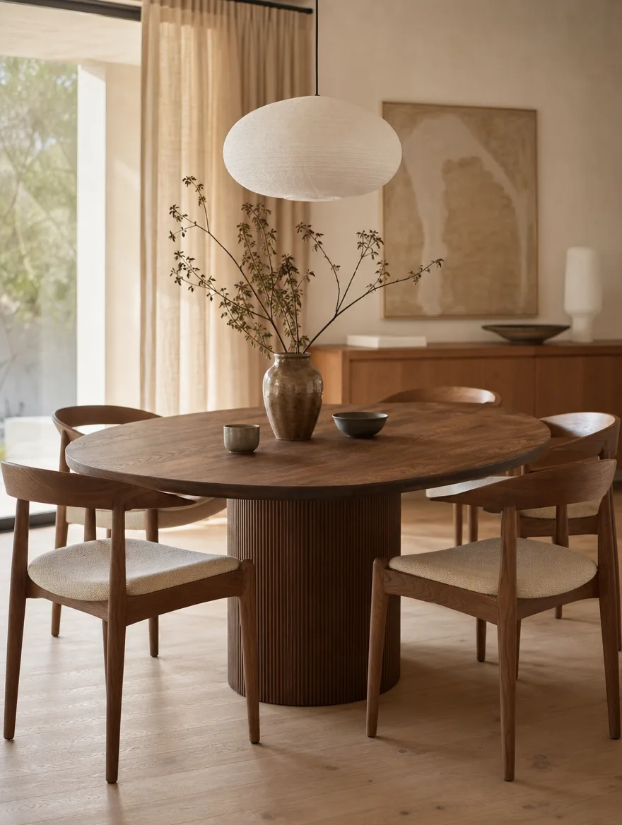 Ovale walnoot eettafel met houten stoelen in een warme eetkamer