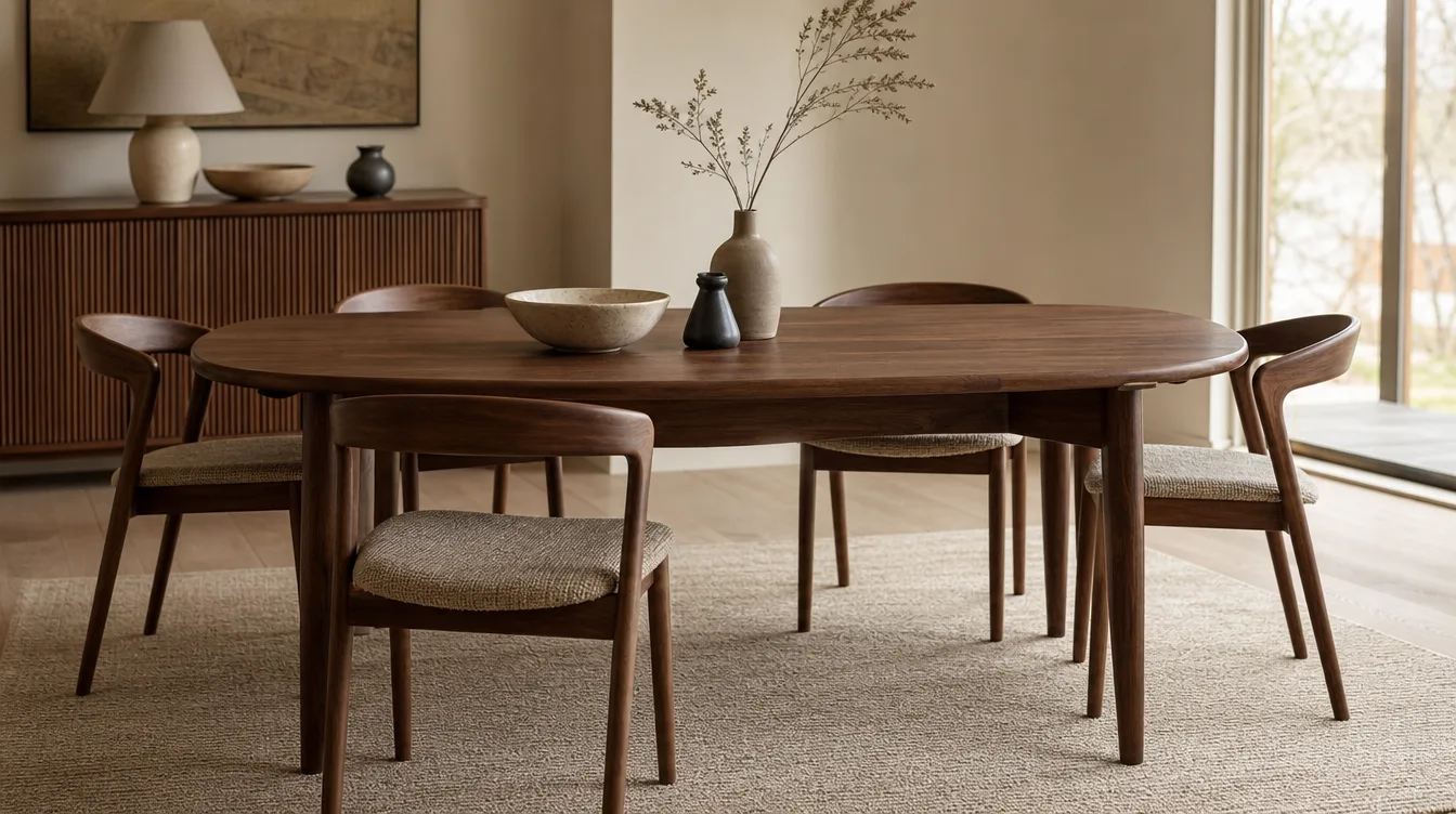 Ovale Japandi eettafel van massief walnoot met afgeronde hoeken en houten stoelen