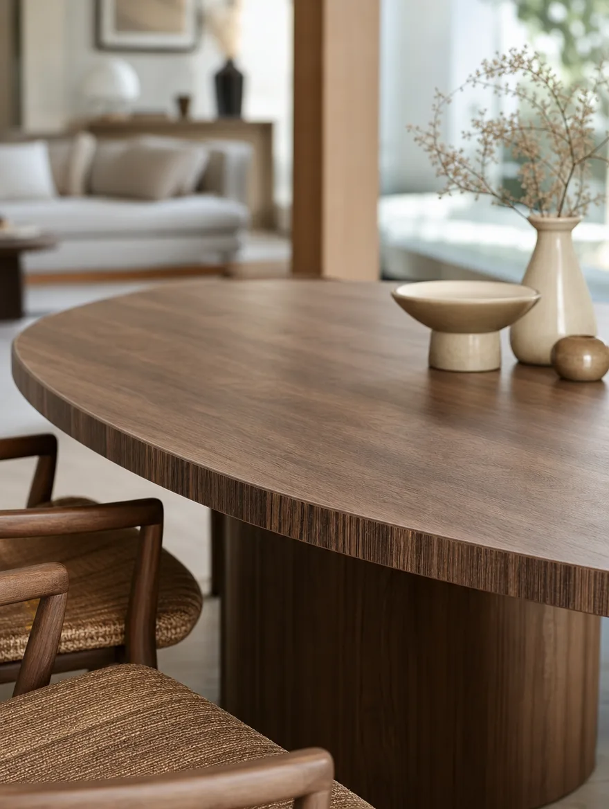 Ovale tafel van melamine met houtprint als voorbeeld van wat niet past