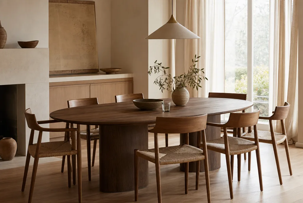Ovale eettafel die door zijn vorm meer mensen aan tafel laat schuiven