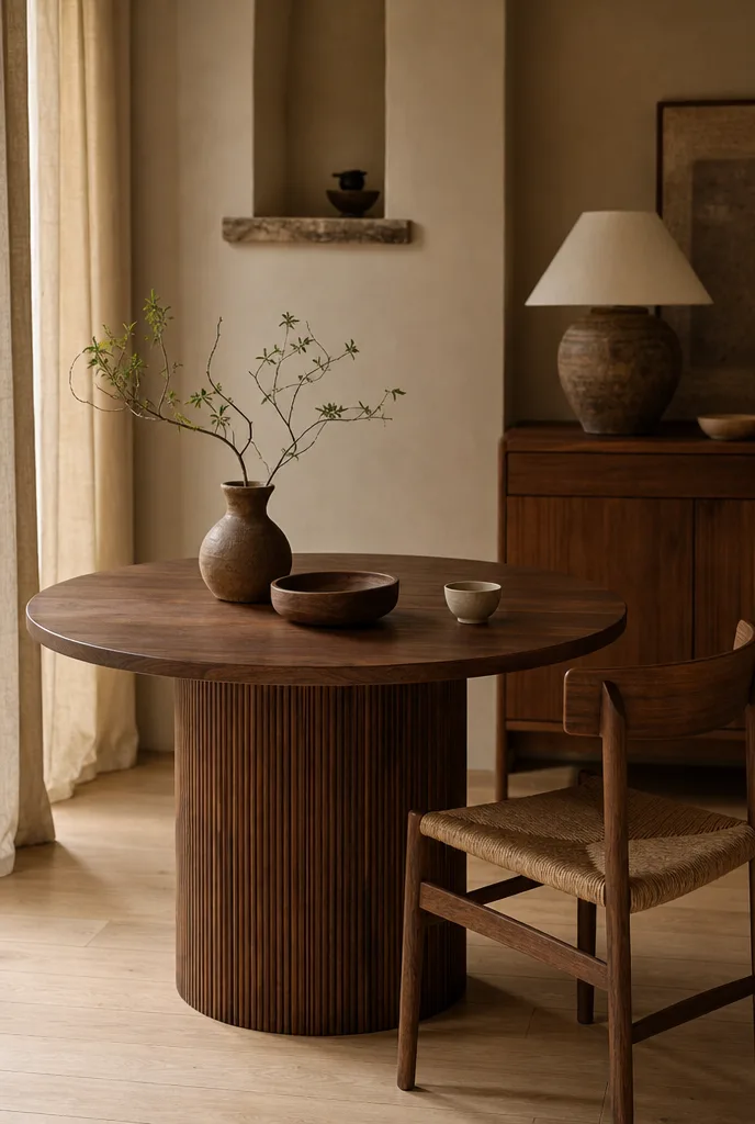 Smalle compositie van een ronde walnoot eettafel met een enkele houten stoel