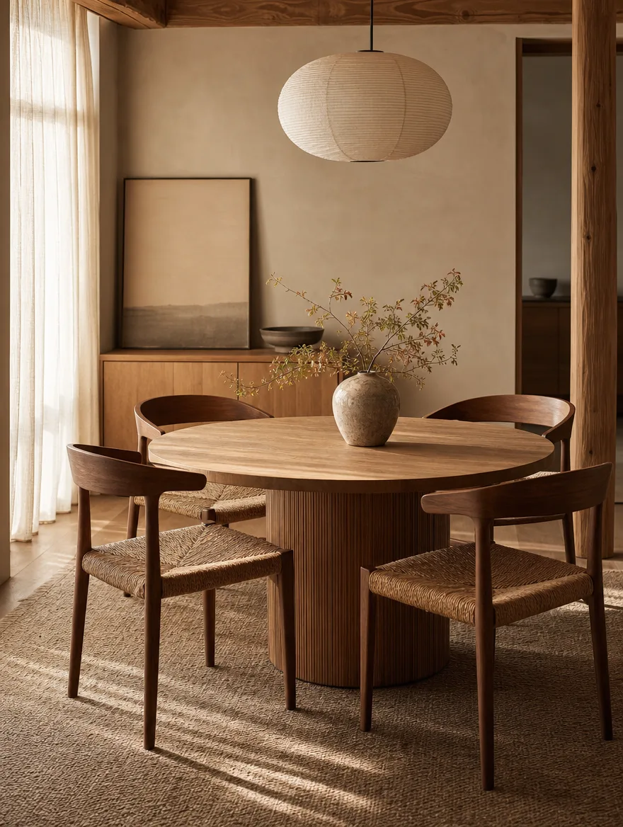 Ronde eettafel met houten stoelen in een rustige Japandi eetkamer