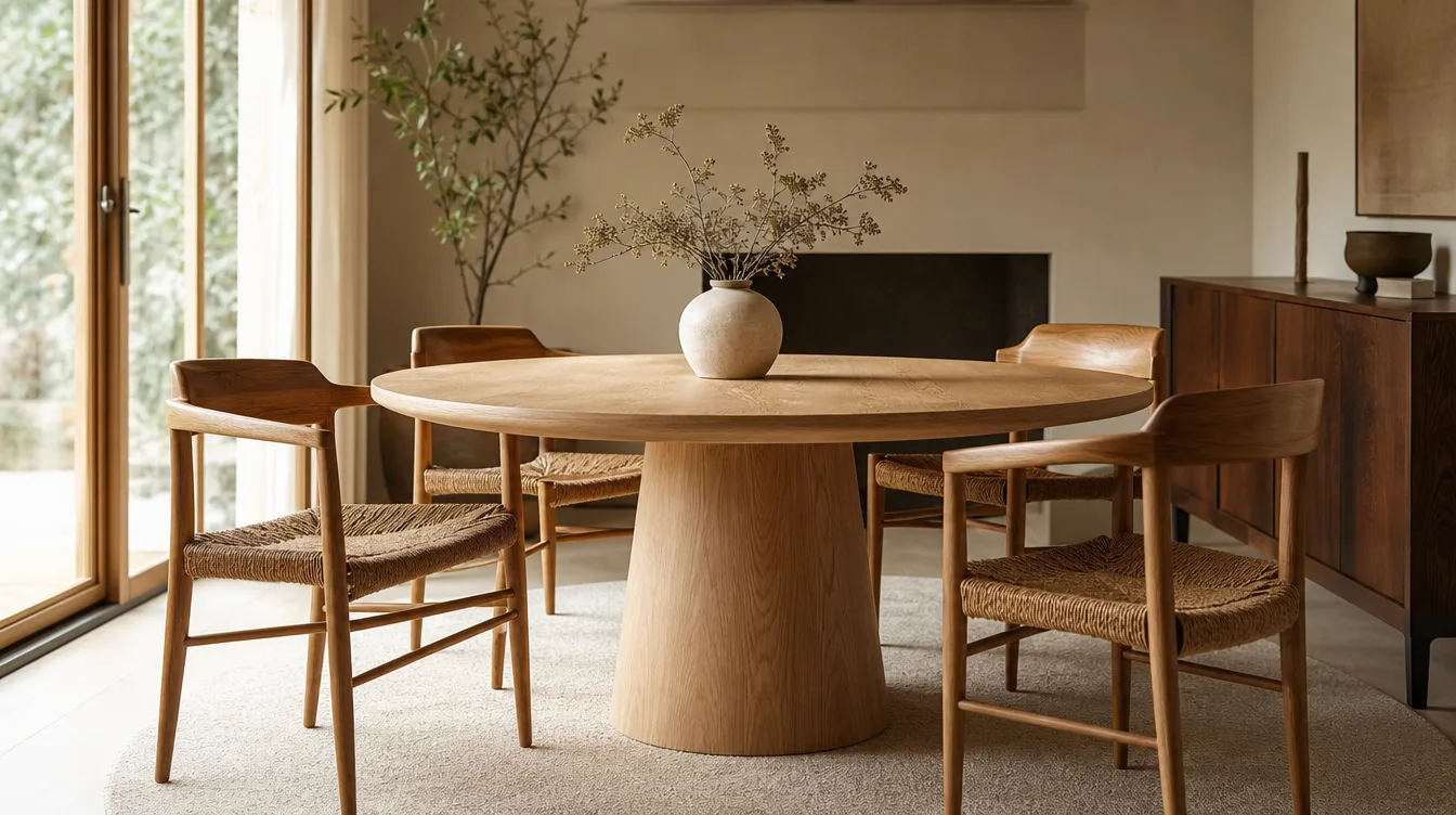 Ronde Japandi eettafel van massief eiken met een centrale poot, omringd door houten stoelen