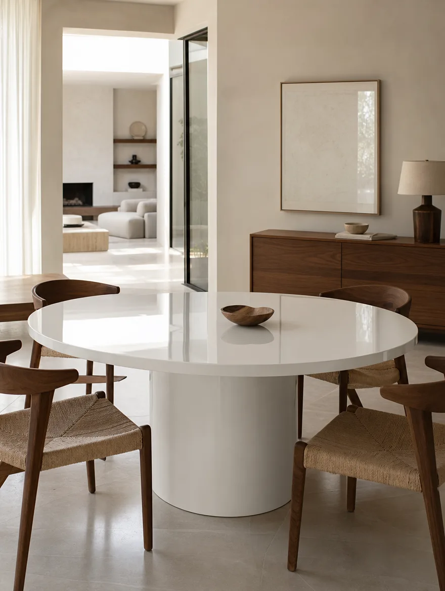 Hoogglans witte ronde tafel met spiegelend blad als voorbeeld van wat niet past