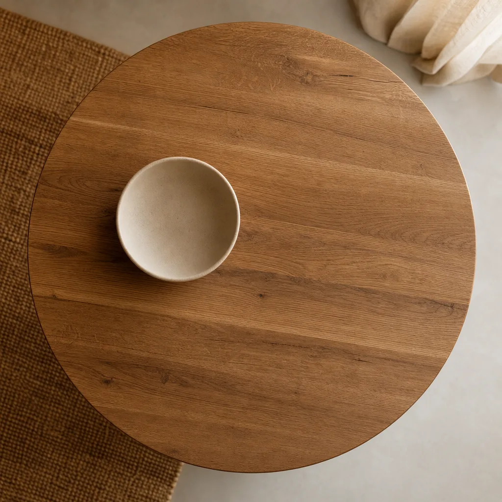 Bovenaanzicht van een rond eikenhouten tafelblad met een keramische schaal