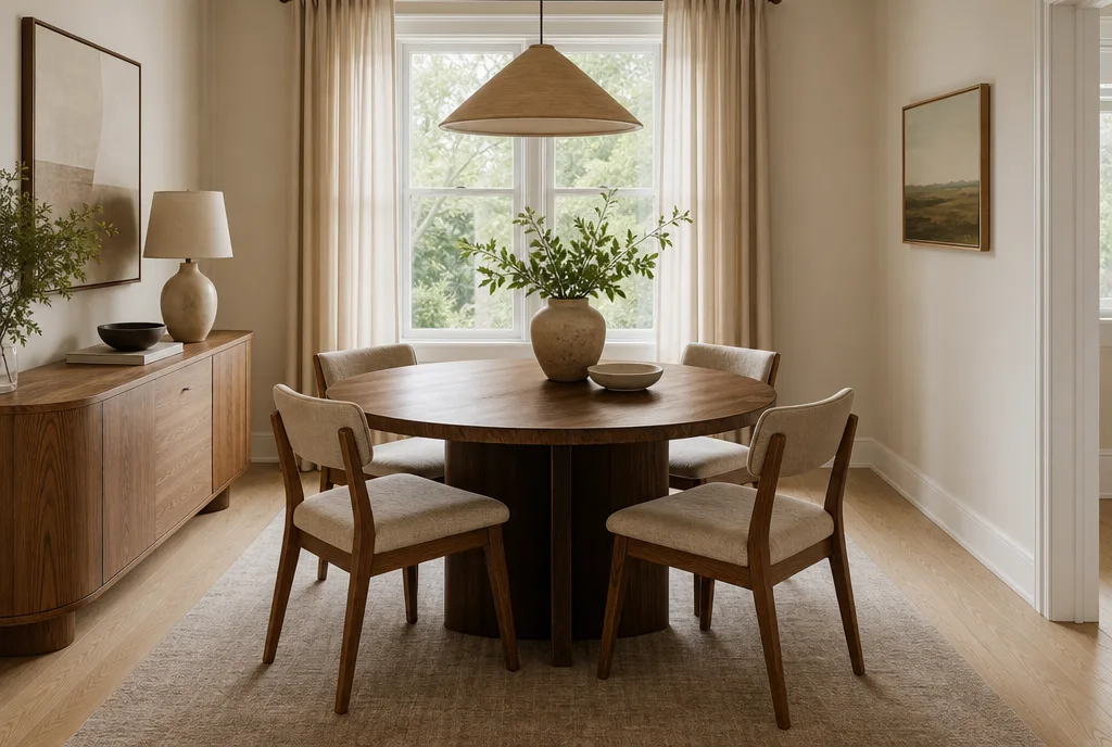 Ronde eettafel in een kleine eetkamer met genoeg loopruimte rondom