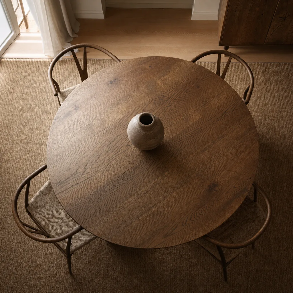 Bovenaanzicht van een ronde houten eettafel met een enkele keramieken vaas in het midden