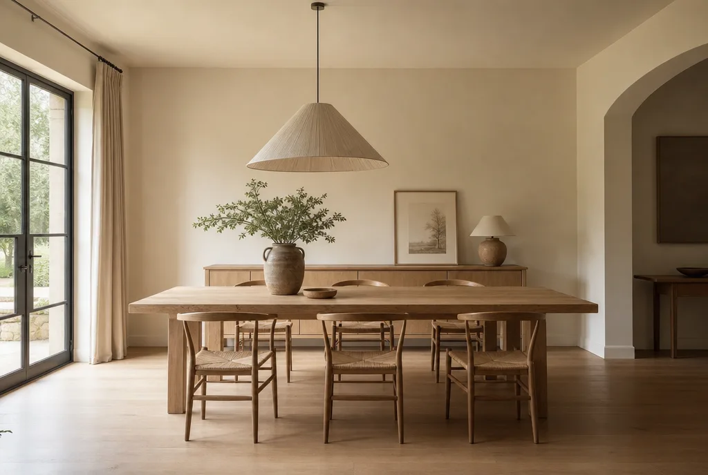 Eetkamer met een rechthoekige eettafel en ruime loopruimte rondom de stoelen