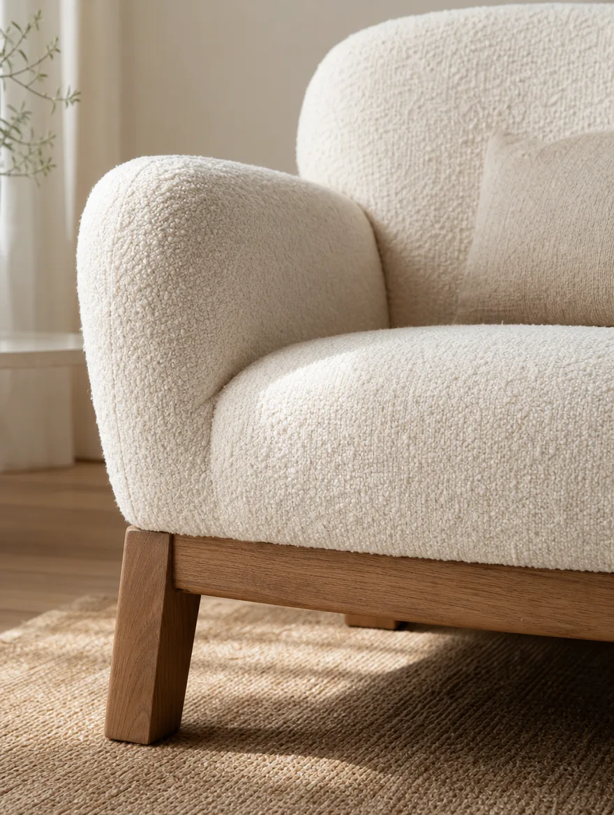 Bouclé fauteuil van dichtbij met zichtbare houten poten