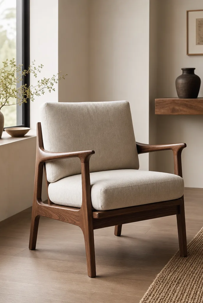 Warme walnoot fauteuil met een linnen kussen