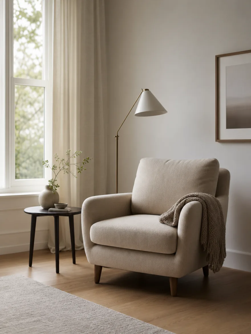 Leeshoek met een fauteuil, vloerlamp en bijzettafel bij het raam