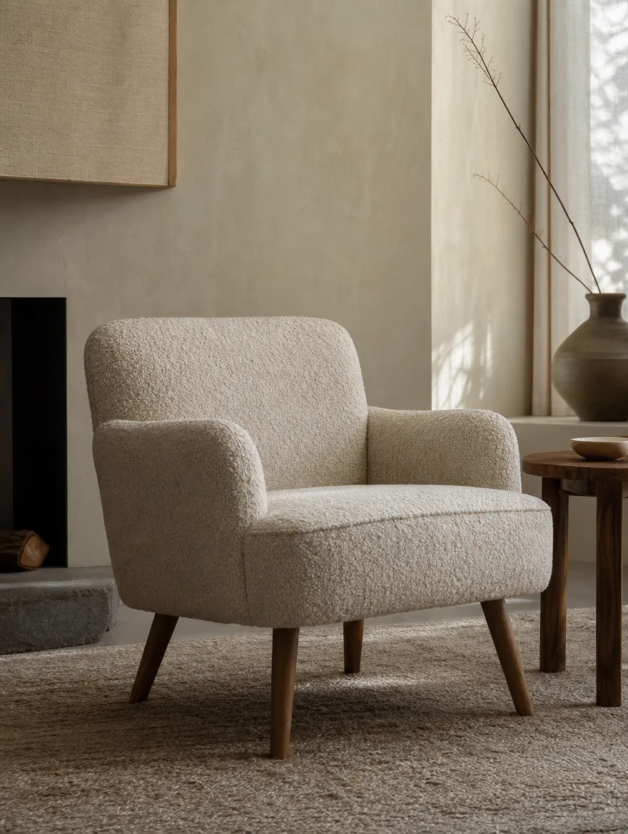 Ingetogen bouclé fauteuil als tegenbeeld voor glanzend kunstleer