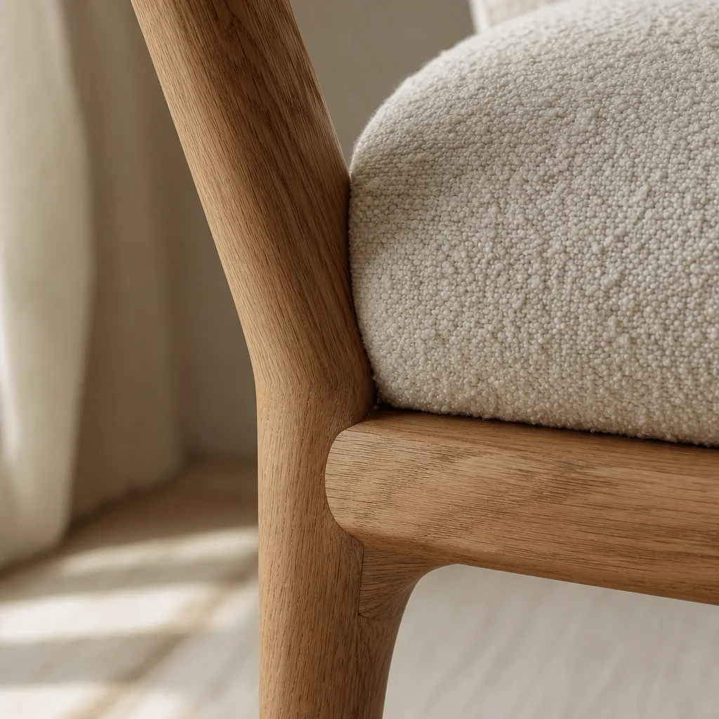 Detail van een geolied eiken fauteuilpoot en bouclé stof