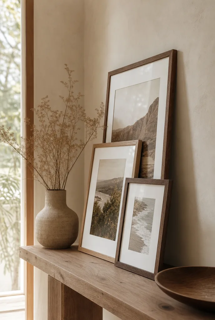 Smalle compositie van enkele fotolijsten tegen een wand geleund